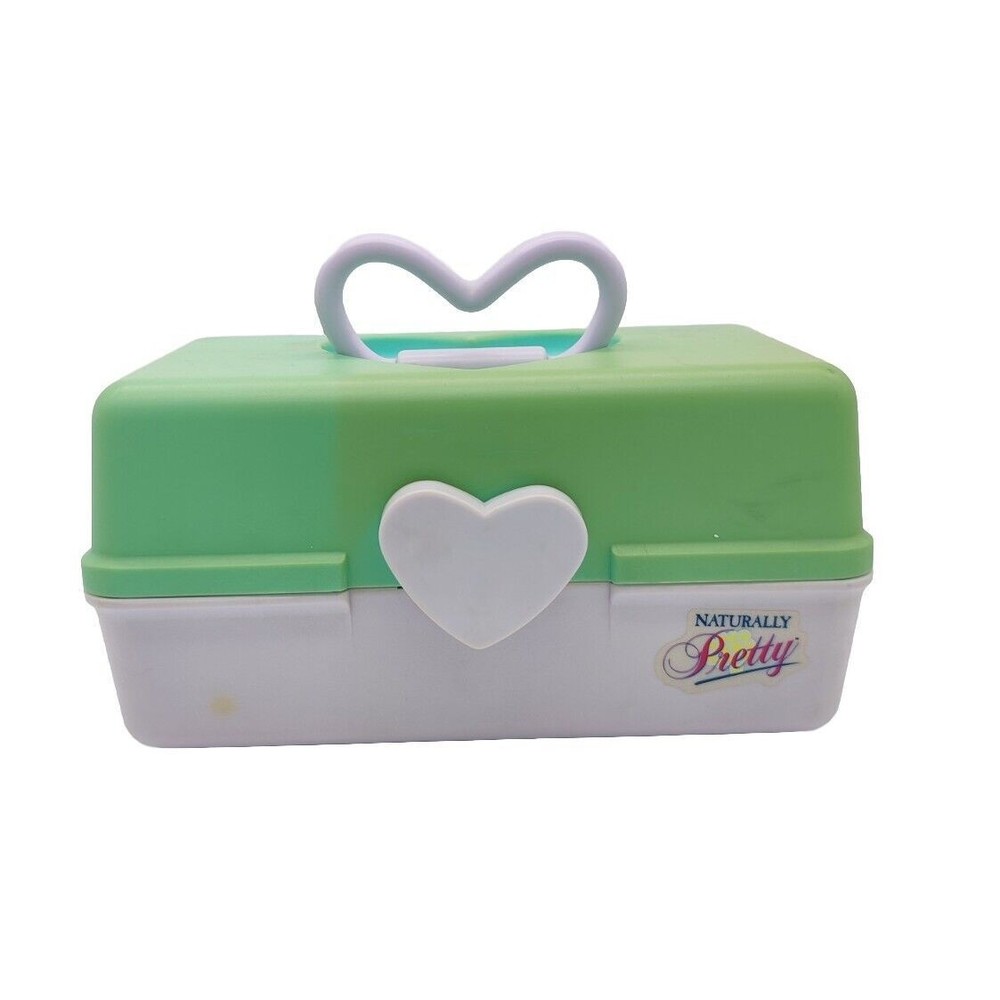 Vintage Naturally Pretty Cosmetics Case Travel Storage Jewelry Teal White Heart
